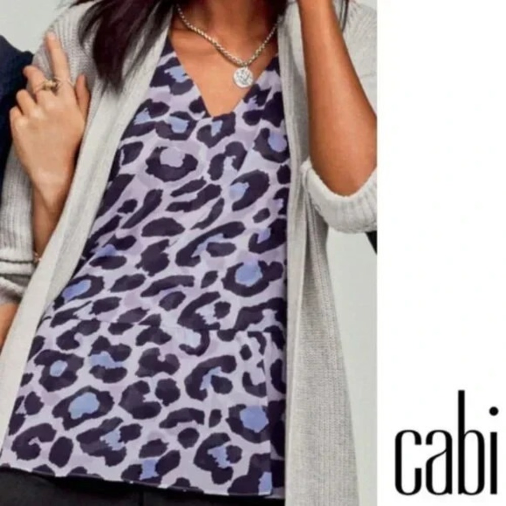 CABI 5536 Sleeveless GEORGETTE Purple FELINE ANIMAL Peplum TANK TOP/BLOUSE Sz S